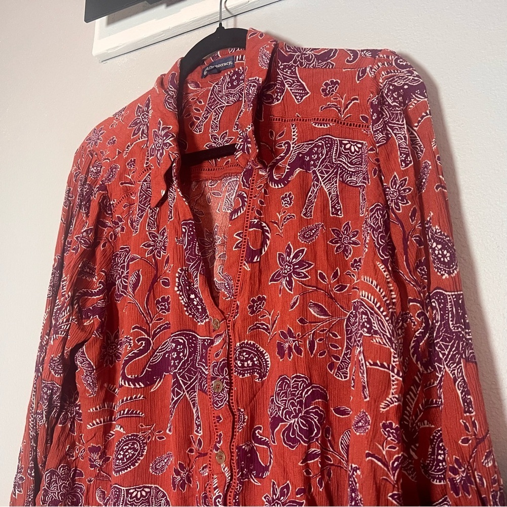 Democracy Button Up Blouse Size 3X Burnt Rust Orange Elephant Boho